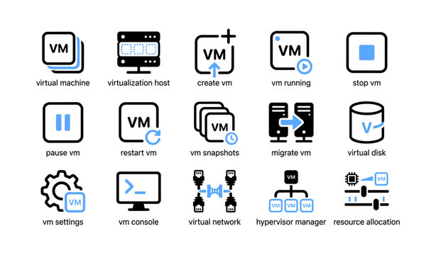 Virtual machine icons illustrating vm operations on white background