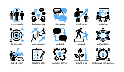 Fototapeta premium Teamwork and coaching icons arranged in grid on white background