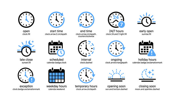 Clock and schedule icons showing opening hours and exceptions