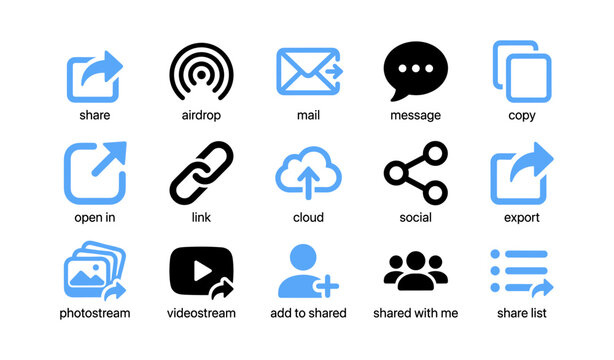Sharing and social icons set displayed on white background