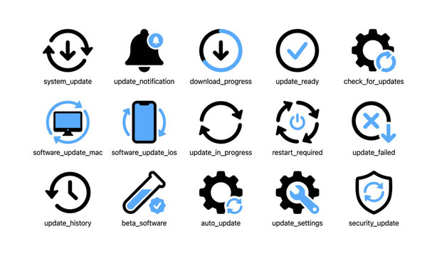 System update icons arranged in labeled grid on white background