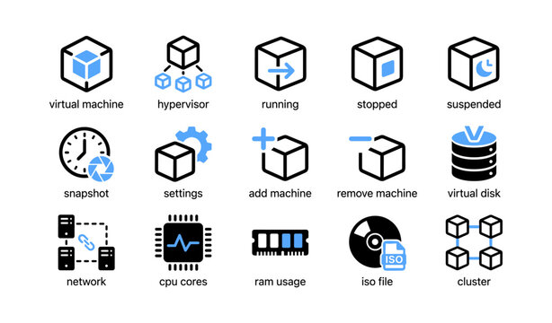 Virtual machine icons showing virtualization status and resources