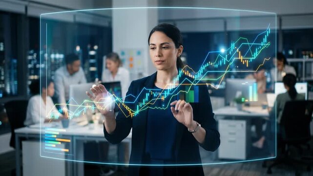 Medium shot of a healthcare analyst navigating dynamic tier pricing charts on a transparent screen with indistinct team members behind.