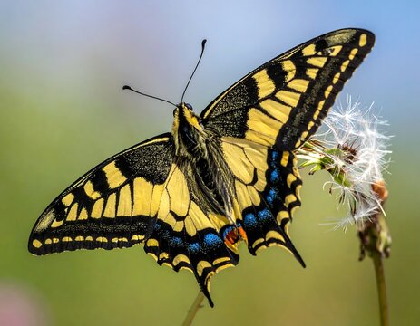 Close-up of a swallowtail butterfly perched on a plant with feathery seeds. Vibrant wings and delicate features are shown