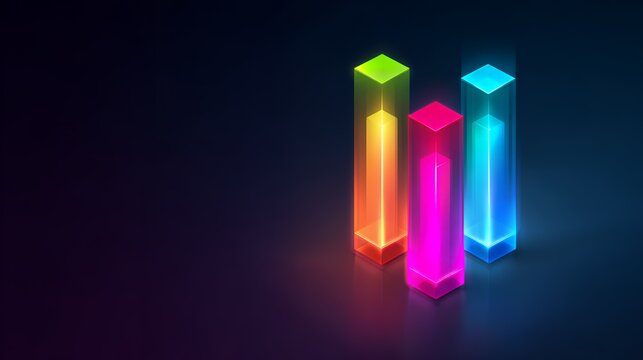 3D isometric glowing transparent glass pillars, colorful abstract bar chart for futuristic data visualization and analytics concept.