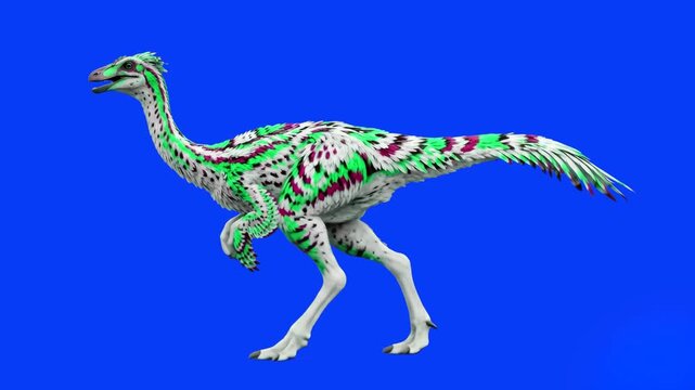 A prehistoric theropod raptor dinosaur with striking green, white, and purple striped skin patterns runs forward, shown from a side view. This 3D model is isolated on a chroma key blue screen for cust