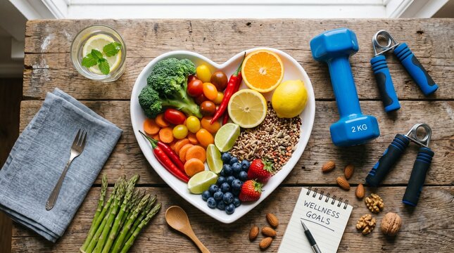 Healthy Lifestyle Flat Lay With Fresh Food And Fitness Gear