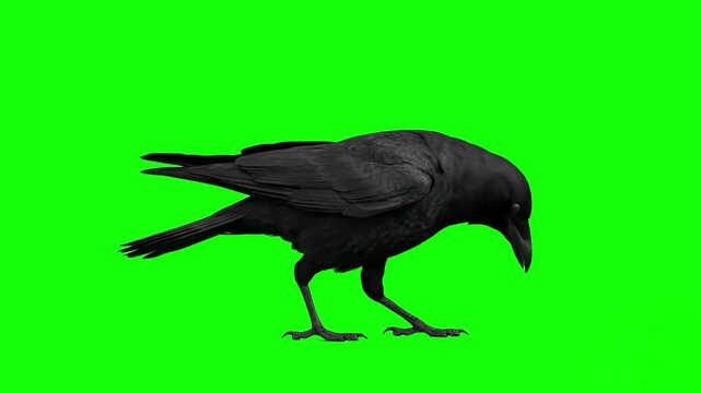 A dark black crow or raven bird pecking and walking forward in a profile view. The realistic 3D animal animation is rendered on a chroma key green screen for cinematic compositing and dark fantasy the