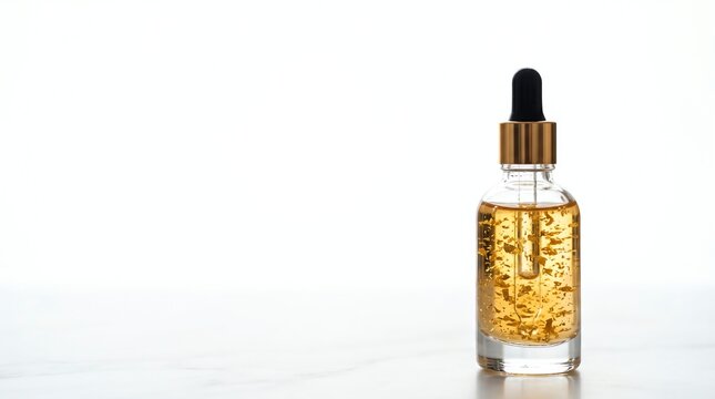 clear glass dropper bottle with 24k gold foil luxury serum on white background for skincare concept