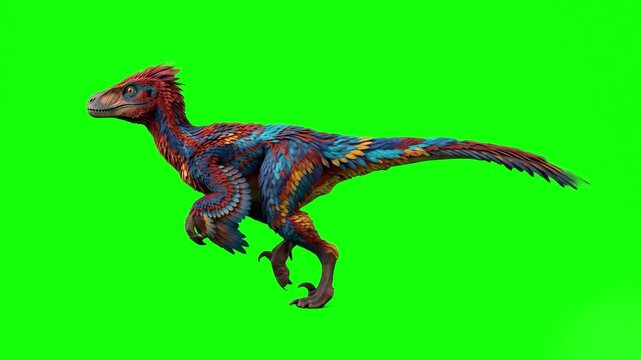 A side view of a colorful prehistoric raptor dinosaur covered in red, blue, and brown feathers walking forward. This 3D animated theropod is rendered on a keyable chroma key background for visual effe