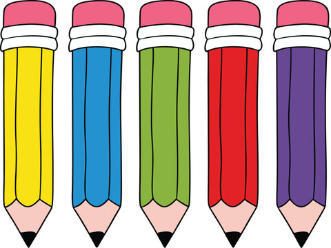Pencils in five different colors are lined up vertically with pink erasers at the top.