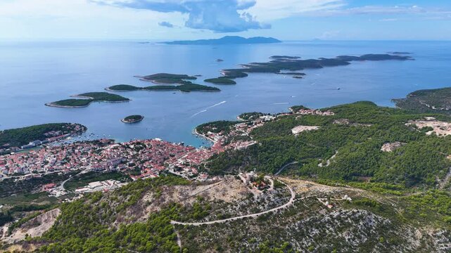 Aerial view of hvar town harbor and fort napoleon in croatia
