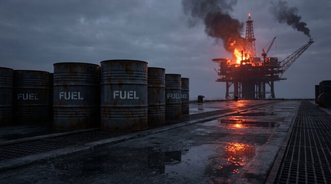 Dramatic shot showcasing numerous rusted metal barrels labeled fuel lined up along wet steel platform facing burning oil offshore drilling rig amidst dark cloudy stormy sky.