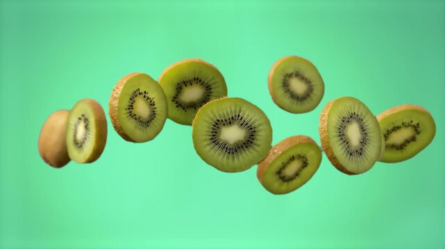 Slices of ripe green kiwi fruit hover and drift in mid-air against a solid light green background. This clean, high-quality 3D food simulation is ideal for healthy eating campaigns, organic product pr