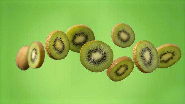 A dynamic loop of multiple juicy green kiwi fruit slices floating and flying across a soft green backdrop. This fresh food animation is designed for commercials, product reveals, and healthy lifestyle