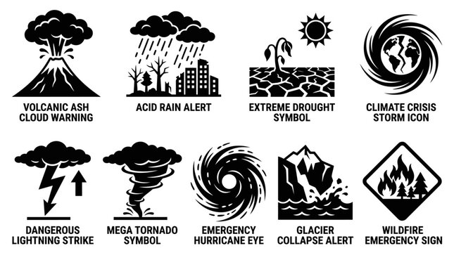 Bold silhouette vector icon set themed around global extreme weather disasters  volcanic ash cloud warning  acid rain alert  extreme drought symbol  climate crisis storm icon  rising sea level warning