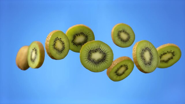 Multiple fresh green kiwi fruit slices floating and flying in a continuous loop across a blue sky backdrop. This clean food animation asset is optimized for commercial product reveals and healthy life
