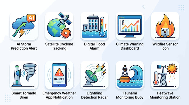  futuristic emergency weather monitoring system theme  AI storm prediction alert  satellite cyclone tracking  digital flood alarm  climate warning dashboard  wildfire sensor icon  smart tornado siren 