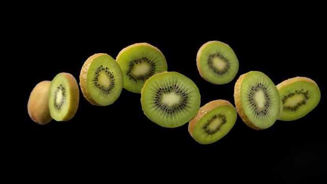 Multiple fresh green kiwi slices float dynamically mid-air against a solid black backdrop. This high-quality 3D loop animation represents organic tropical fruit ingredients and healthy nutrition styli