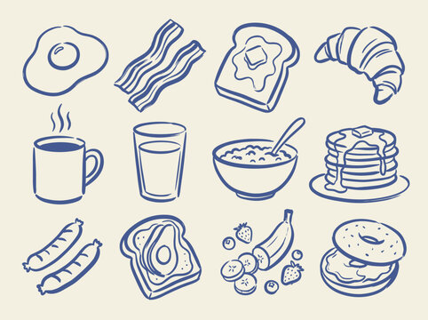 Hand drawn breakfast food icons, blue line art vector set of 12 morning meal elements, vintage doodle breakfast illustrations for cafe menus