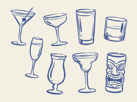 Hand drawn cocktail glassware set, blue ink sketch of bar glasses and tiki mug, vintage style drinkware illustrations for menu design