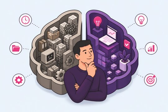 Creative and analytical thinking concept with man and split brain illustration for business strategy problem solving and idea generation
