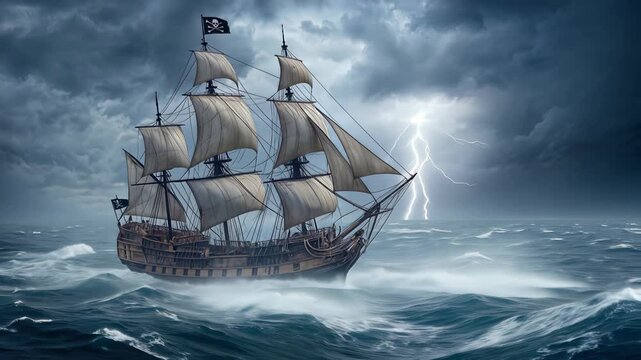 Pirate ship sailing through stormy sea with lightning strikes. Dramatic maritime adventure with waves crashing against wooden hull. Panning camera shot.