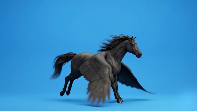 A powerful 3D animated black pegasus with large feathered wings runs and gallops dynamically against a solid blue studio background. This clean fantasy stallion asset is optimized for creative storyte