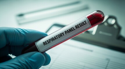 Fototapeta premium Professional in blue glove holding test tube with respiratory panel result, blurred clipboard with medical form on background.