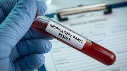 Obraz premium Medical professional in blue glove holding test tube labeled respiratory panel result, showing test tube contents with red liquid.