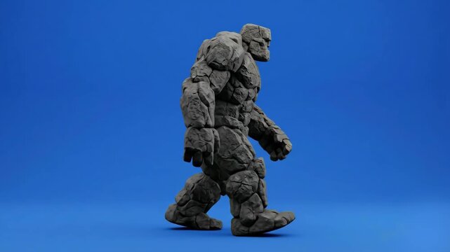A massive, powerful stone golem made of rocky boulders walks forward purposefully against a solid blue screen backdrop. This 3D animated fantasy monster asset is optimized for visual effects compositi