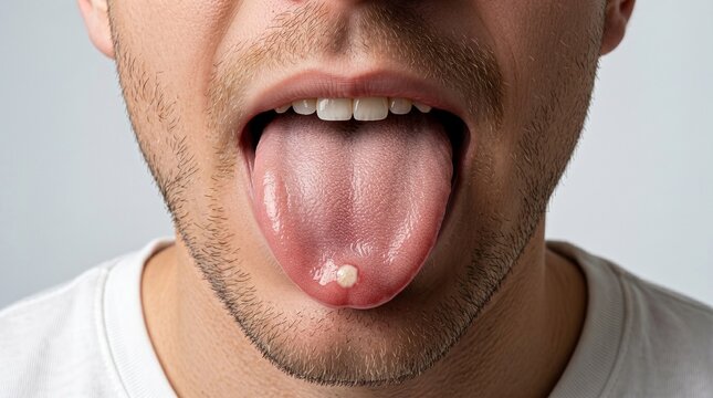 Man showing canker sore on tip of tongue, close-up view of painful aphthous ulcer in mouth, discomfort from oral lesion.