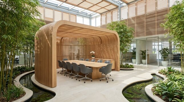 Executive Boardroom Pavilion Surrounded By Indoor Bamboo And Natural Light