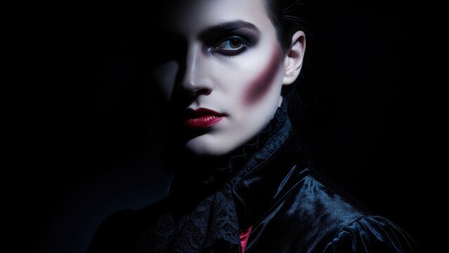 A mysterious woman with dramatic makeup and a high collar, with half her face in shadow.