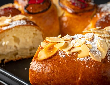 Close-up of a sweet, ring-shaped bread, sliced to show soft texture. Topped with almonds, sugar dust, and candied cherries