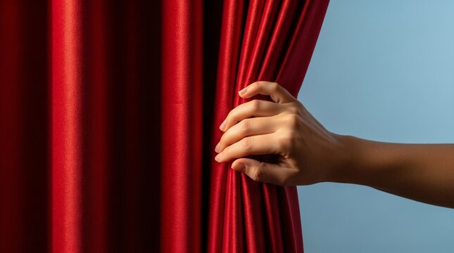 Right hand reaching out to grasp and pull open deep red velvet drapery exposing calm light blue wall background in professional studio setting for photography and art projects.