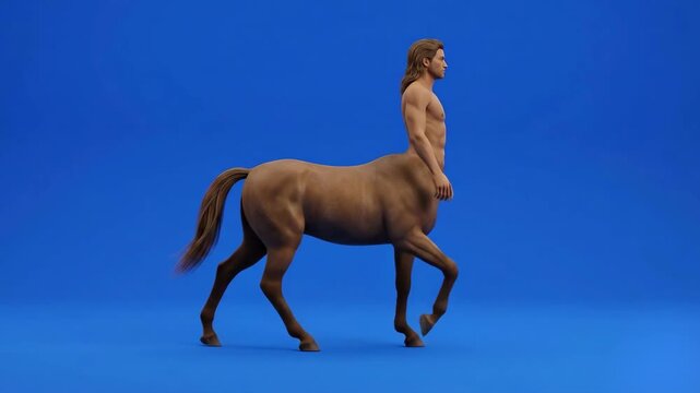 A legendary centaur character with a human torso and a horse body walks calmly in a side-profile view against a solid blue studio backdrop. This 3D animated fantasy creature is perfect for cinematic s