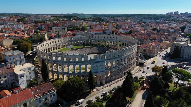 Pula arena amphitheater and cityscape in croatia aerial view