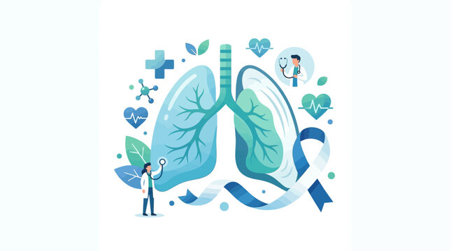 Vector illustration for World Pneumothorax Day featuring human lungs showing a collapsed lung condition, doctors, blue awareness ribbon, and healthcare icons on a white background.