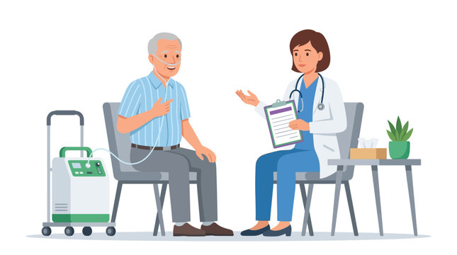 Vector illustration of a senior male patient using a portable oxygen concentrator with a nasal cannula while discussing respiratory health with a female doctor holding a clipboard.