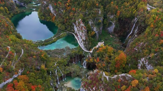 Aerial view of plitvice lakes national park waterfalls in autumn