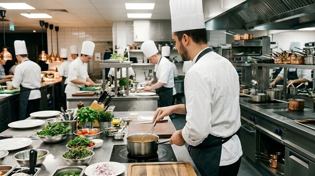 Professional chefs working in a busy, modern restaurant kitchen during food preparation