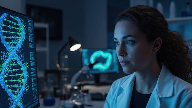 A female scientist looking at a glowing DNA double helix on a computer screen in a dark lab.
