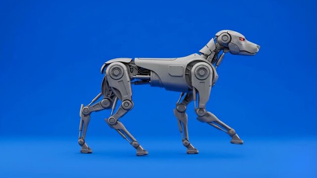 A side view of a futuristic metallic cybernetic robot dog running at a steady pace. This 3D animated high-tech asset is ideal for science fiction projects, video editing, and chroma key compositing.