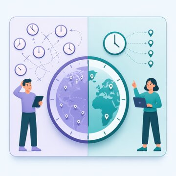 Global time management illustration with world clock map pins and remote business communication