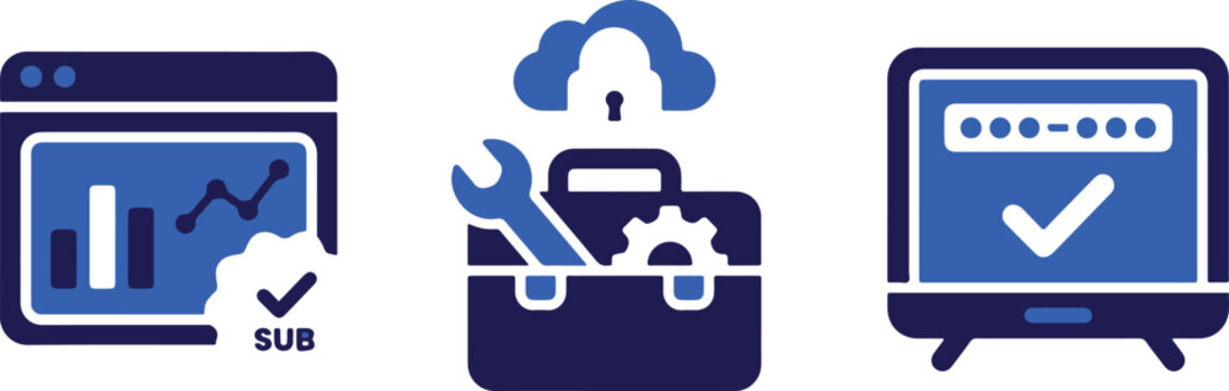 Blue, flat, line-style, web, and software development icons, set of 3, vector graphics