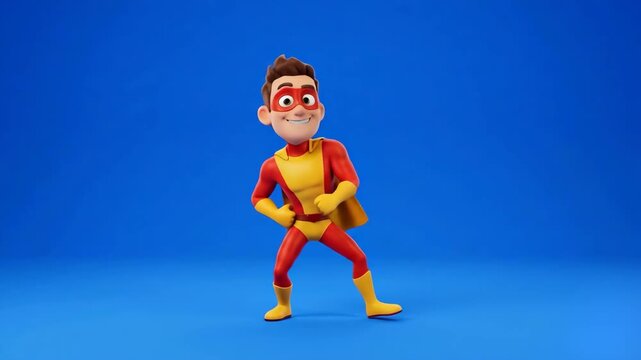 A happy 3D animated boy superhero in a red and yellow suit dancing cheerfully. This loopable character motion asset is isolated on a solid blue screen background for creative commercial editing.