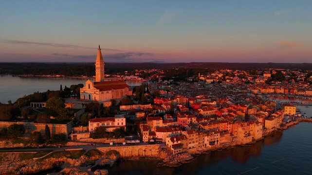 Aerial drone view of rovinj old town at sunset
