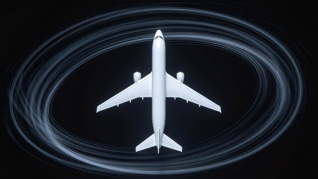 Aerial view of an airplane with light trails