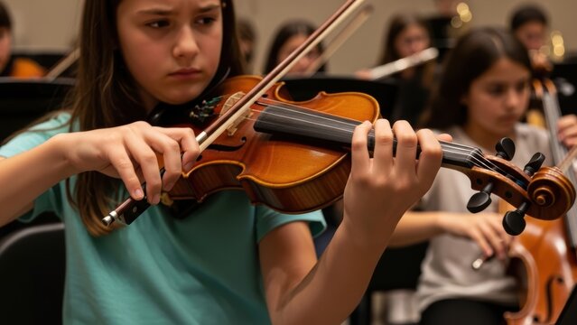 A young female student playing the violin with concentration during an orchestra practice.